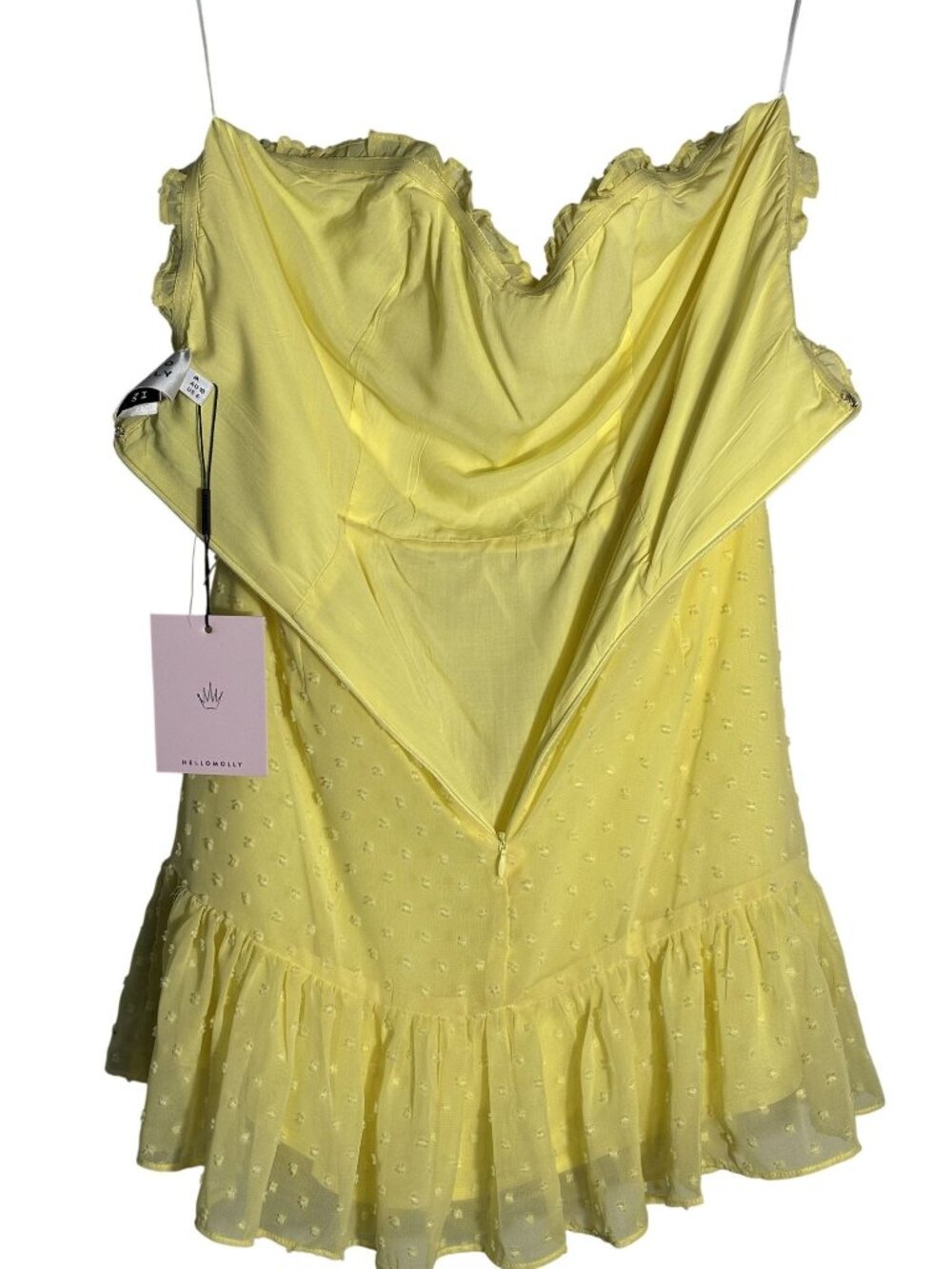 Hello Molly Face On Magazines Strapless Yellow Mini Dress Ruffle Hem Ruching - Picture 6 of 13